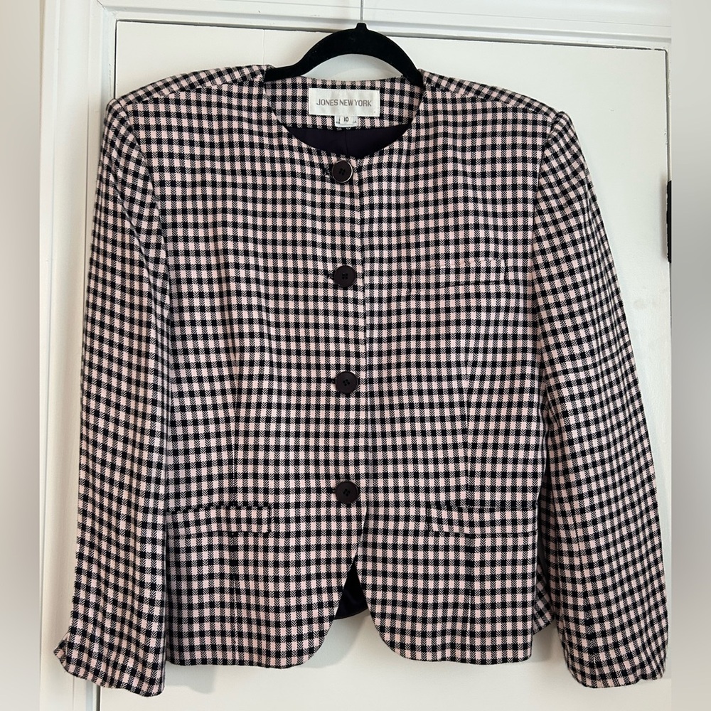 Jones New York Women’s Size 10 Pink and Black Plaid Suit Jacket Preppy Vintage